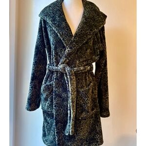 Cynthia Rowley  Hooded  Robe Small Green Black Camo Cheetah Cozychic  Belted
